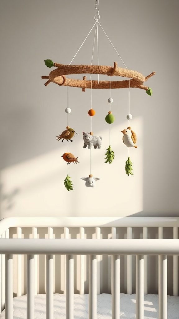Handcrafted baby mobile featuring birds, a sheep, and natural elements, hanging from a wooden branch in a serene nursery setting.