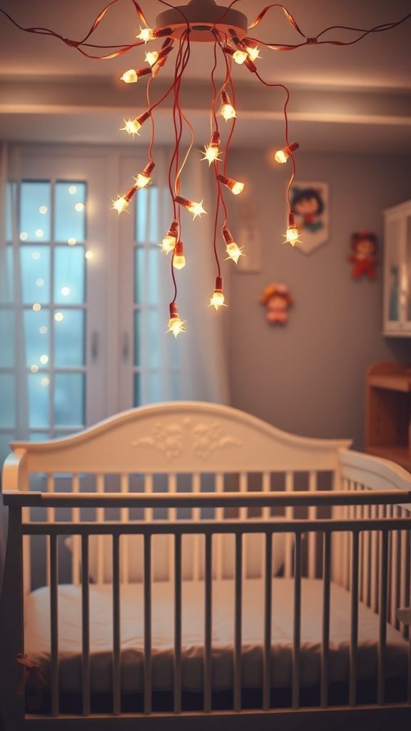 A cozy baby room with hanging fairy lights illuminating a crib.