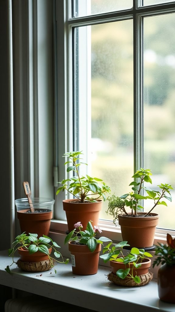 A window sill adorned with various herb plants in terracotta pots
