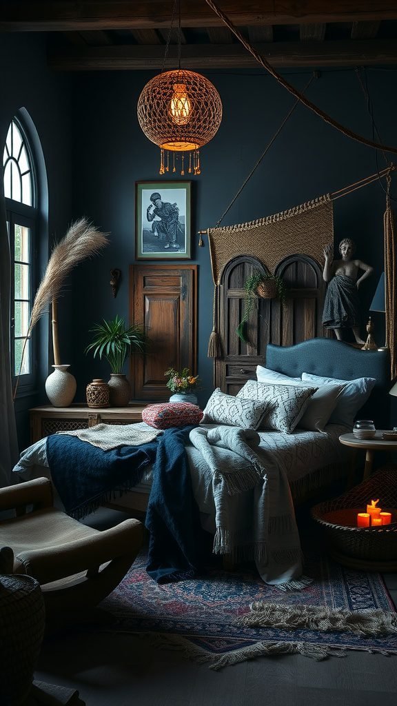 A dark boho bedroom featuring woven decor, a rattan light fixture, plants, and cozy textiles.