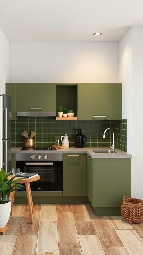 35 Stunning Olive Green Kitchen Ideas for a Stylish Makeover A small olive green kitchen with modern cabinets, a gray countertop, and wood flooring.