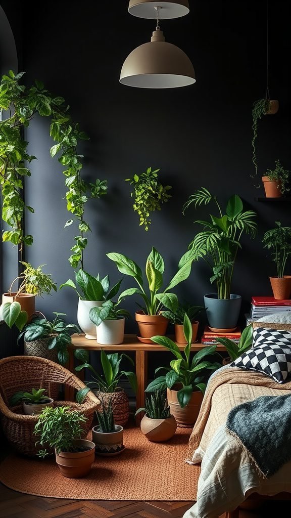 A dark boho bedroom filled with various plants, showcasing a cozy atmosphere.