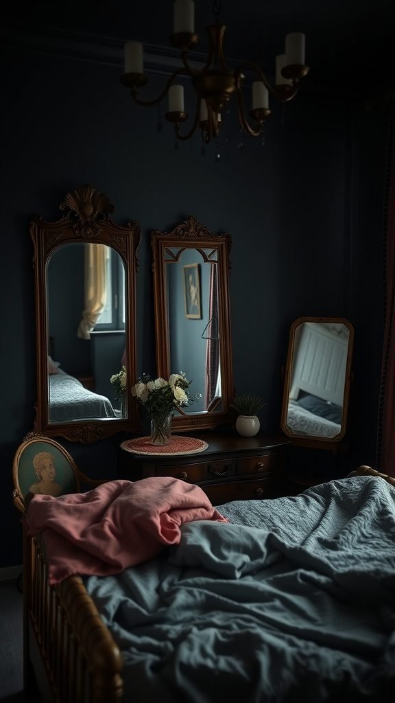 A dark boho bedroom featuring vintage mirrors, a cozy bed, and soft lighting.