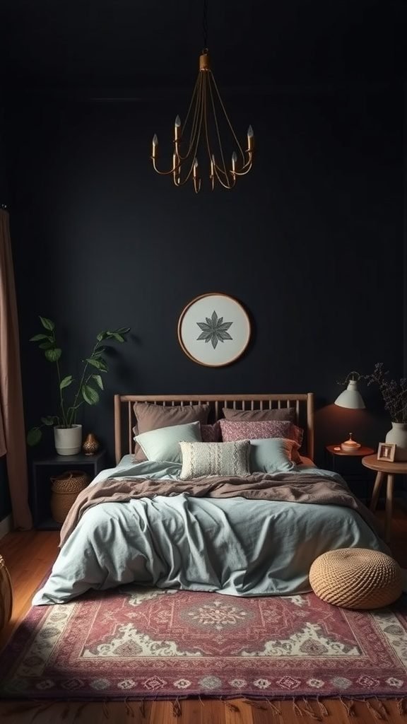A dark boho bedroom featuring a cozy bed with layered textiles, a vintage rug, and a plant.