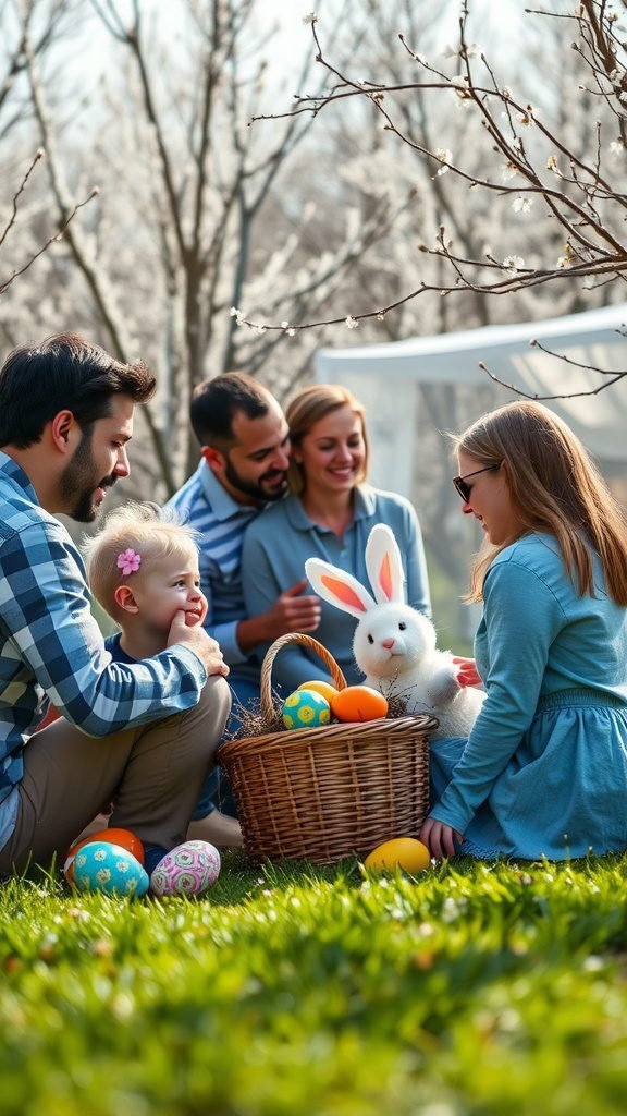 A joyful family celebrating Easter with colorful eggs and a bunny in a sunny garden.