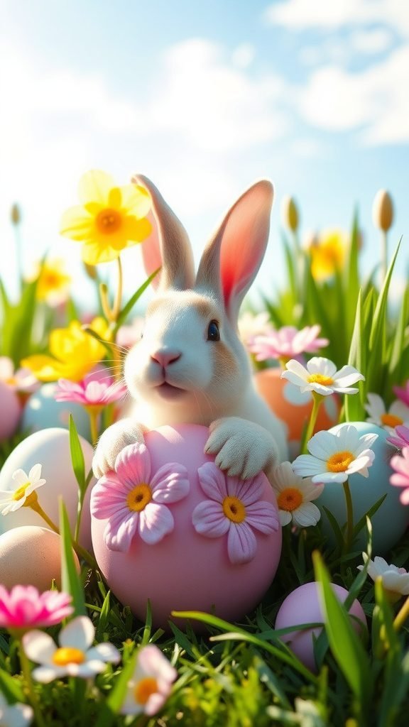 A cute bunny sitting on a colorful egg surrounded by flowers and grass in a sunny spring setting.