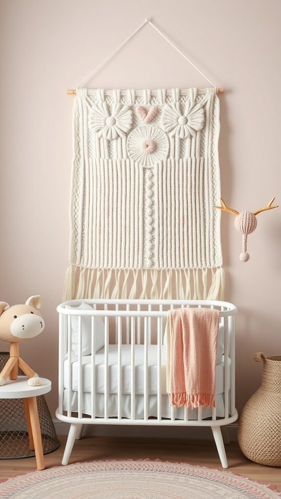 A knitted wall hanging with floral designs above a crib in a cozy nursery.