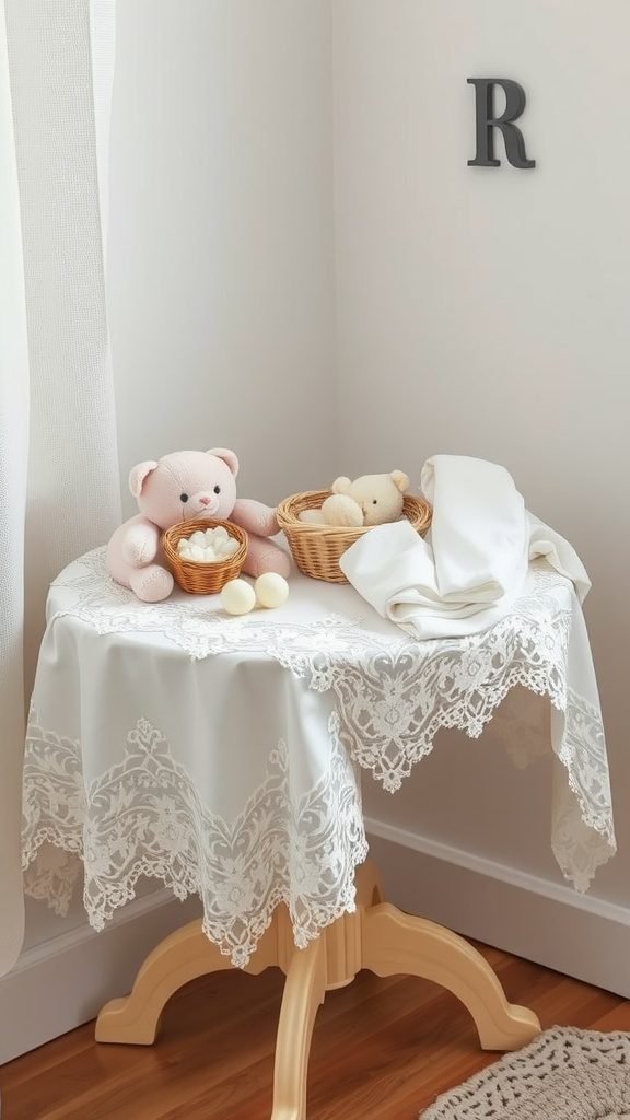 A small wooden table covered with a lace tablecloth, featuring plush bears and woven baskets.