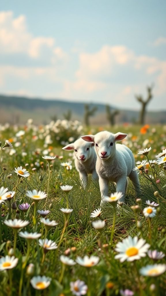 Two lambs playing in a field of daisies under a blue sky