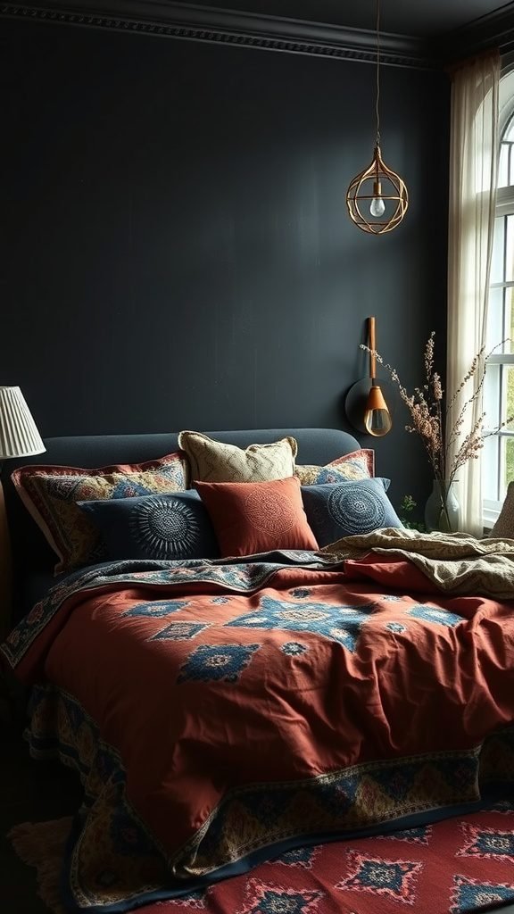 A dark boho bedroom featuring layered bedding with intricate patterns and rich earthy tones.