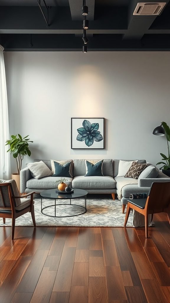 Cozy living room featuring a grey couch, layered lighting, and wooden flooring