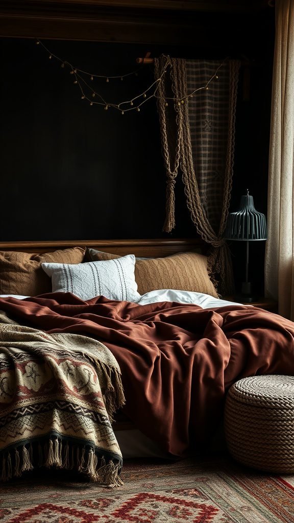 A dark bohemian styled bedroom featuring layered textures and warm fabrics.