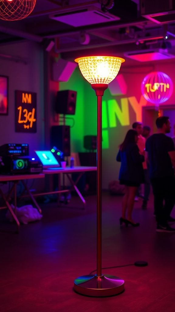 A colorful LED floor lamp in a lively setting with people and vibrant lights.