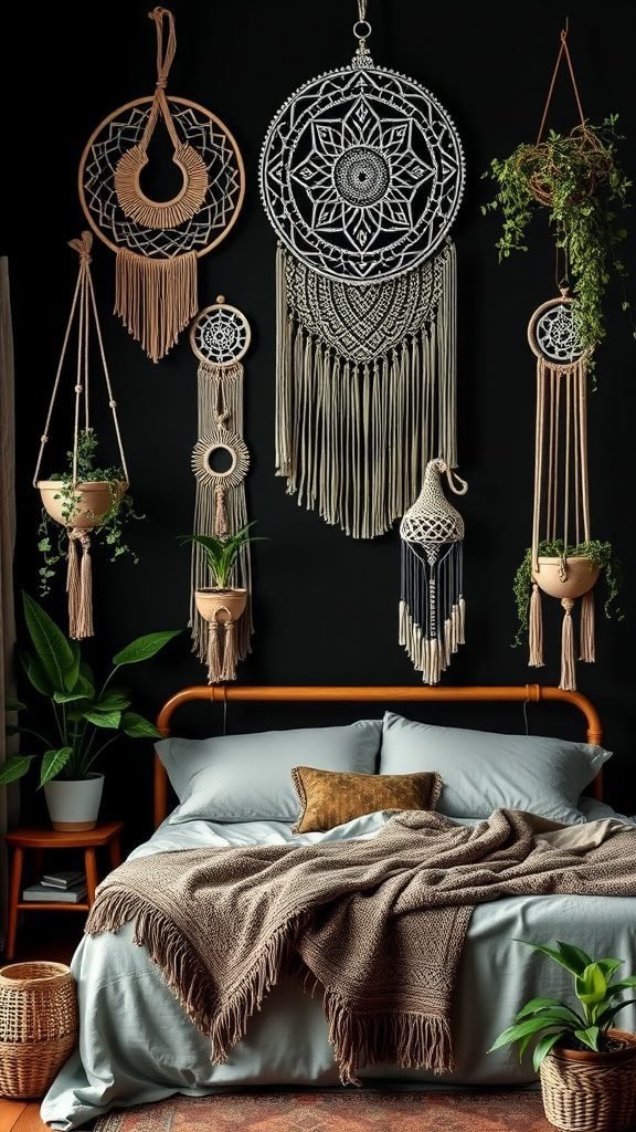 A dark boho bedroom featuring macrame wall hangings and plant holders against a black wall, with a cozy bed dressed in soft linens and a knitted blanket.