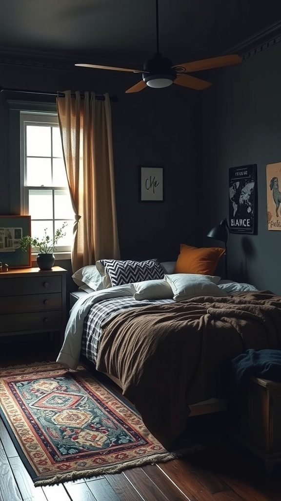 A dark boho bedroom featuring a cozy bed with layered blankets and pillows, vintage area rug, and soft natural light filtering through curtains.