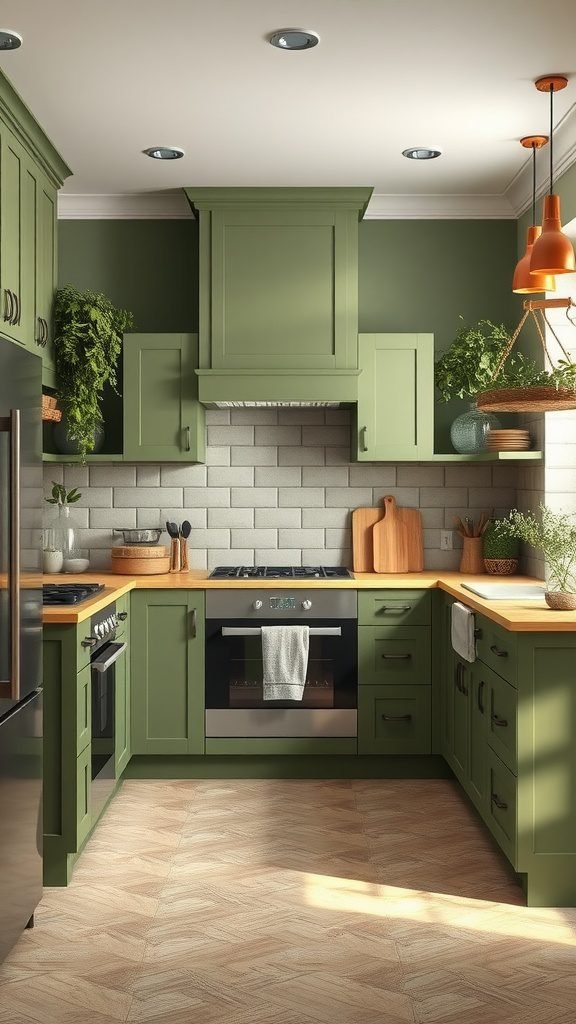 35 Stunning Olive Green Kitchen Ideas for a Stylish Makeover An olive green kitchen featuring cabinets and decor in various shades of green, with natural wood countertops.