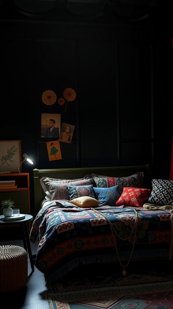 A dark boho bedroom featuring a cozy bed with mixed patterns and prints on cushions and blankets, along with wall decorations.