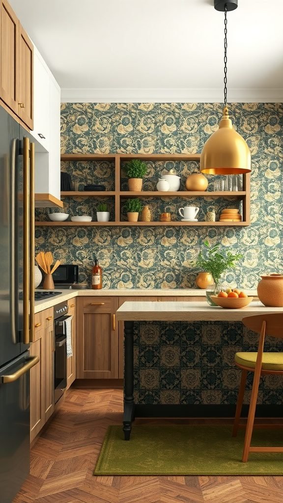 35 Stunning Olive Green Kitchen Ideas for a Stylish Makeover An olive green kitchen featuring patterned wallpaper, wooden cabinetry, and a stylish table with fruits.