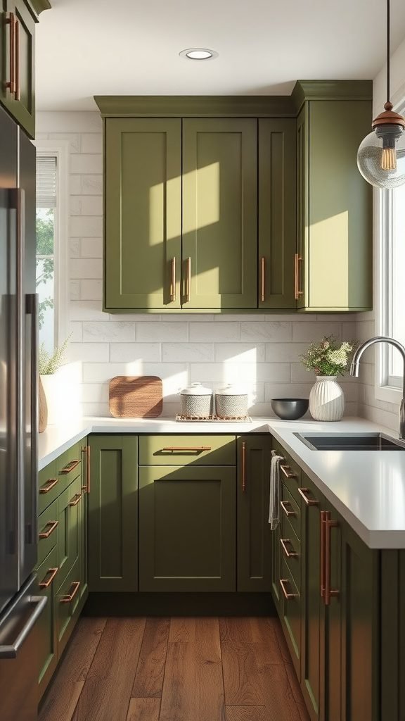 35 Stunning Olive Green Kitchen Ideas for a Stylish Makeover Modern olive green kitchen with stylish cabinets and wooden floors