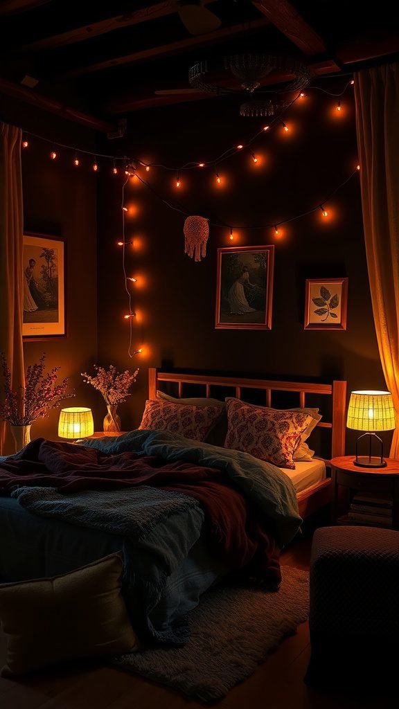 A dark boho bedroom with warm string lights, soft bedding, and cozy decor.