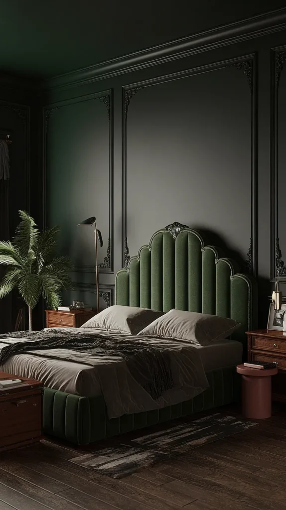 moody romantic bedroom dark green