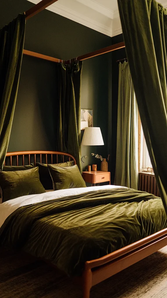 moody romantic bedroom dark green