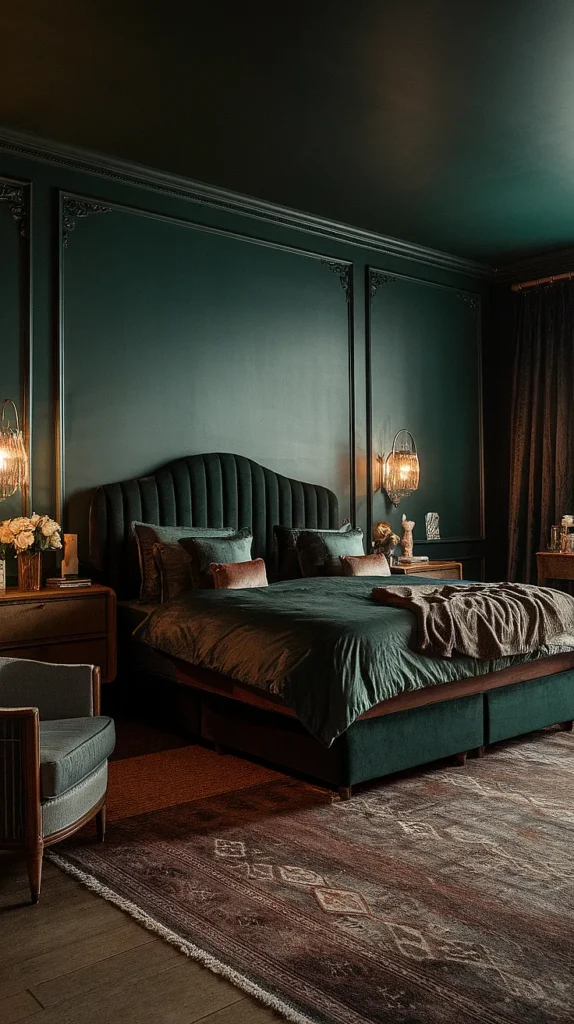 moody romantic bedroom dark green