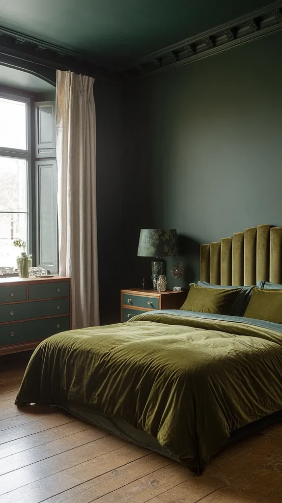 moody romantic bedroom dark green