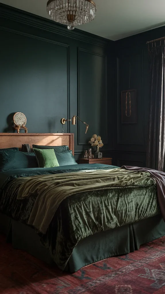 moody romantic bedroom dark green