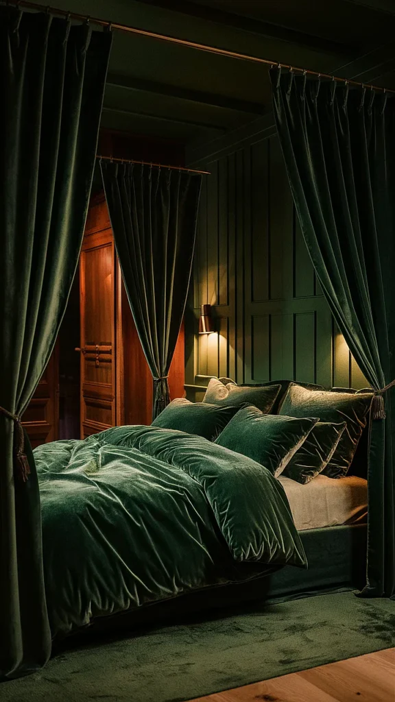 moody romantic bedroom dark green
