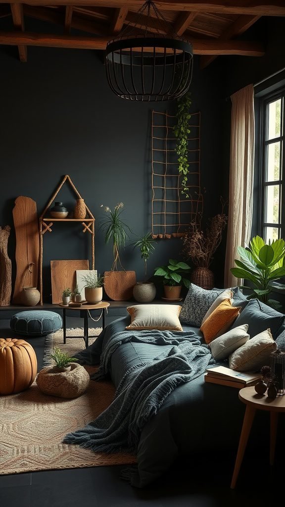 A dark boho bedroom with natural elements including wooden decor, plants, and cozy textiles.