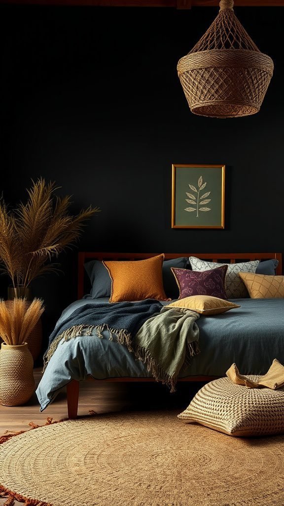 A dark boho bedroom featuring natural fiber elements like a woven pendant light, jute rug, and textured pillows.