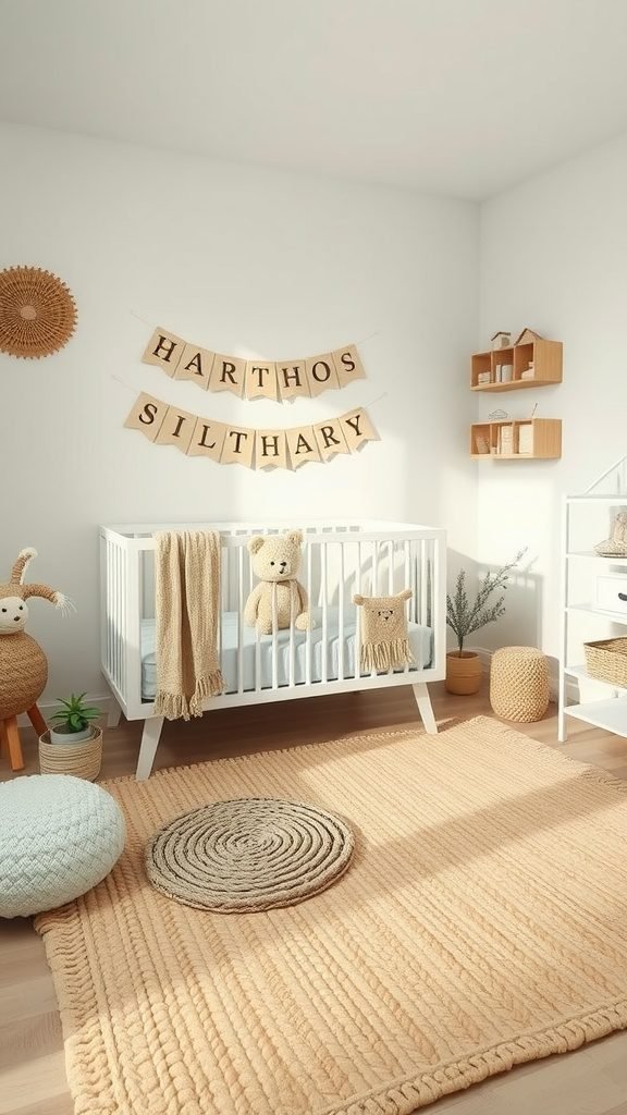 A cozy baby room featuring a natural fiber rug, a wooden crib, and decorative elements.