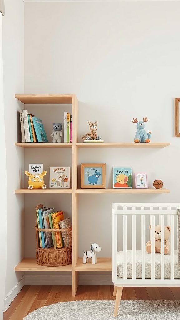 Natural wood shelving in a cozy baby room, featuring books, toys, and framed pictures.