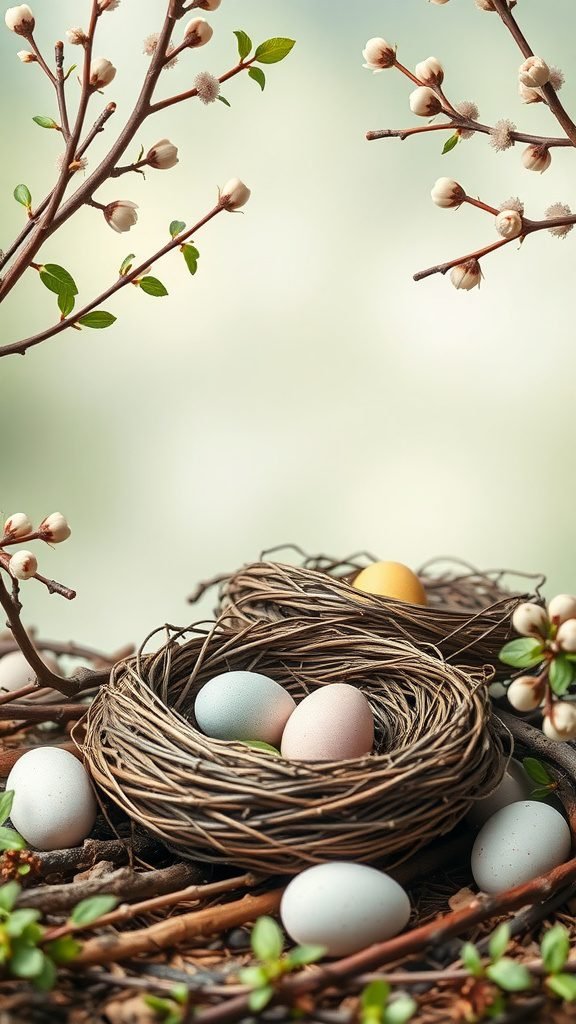 Easter wallpaper featuring nests with pastel-colored eggs surrounded by flowering branches.