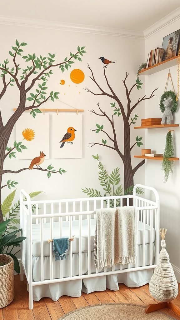 A cozy baby room featuring nature-themed art, including trees, birds, and playful animal illustrations on the walls.
