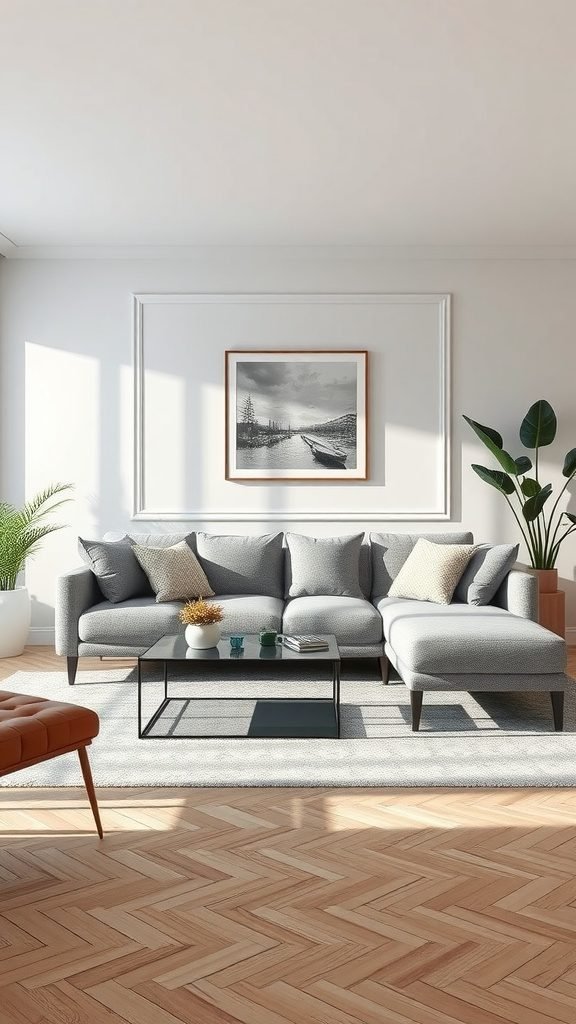 A modern living room featuring a grey couch, black coffee table, and potted plants, with wood flooring and a piece of artwork on the wall.