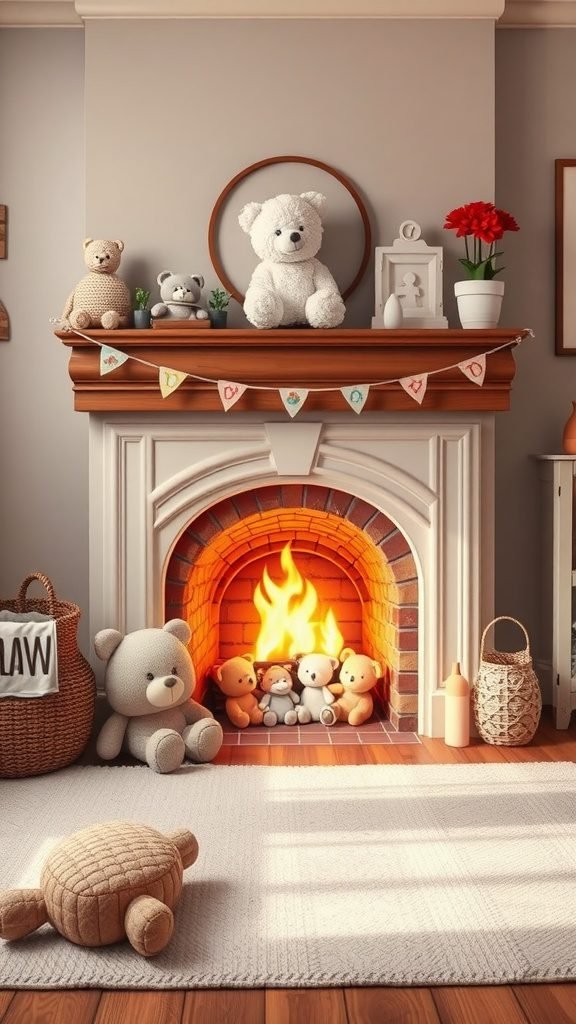 Cozy nursery with a fireplace, featuring stuffed animals, a soft rug, and warm decorations.