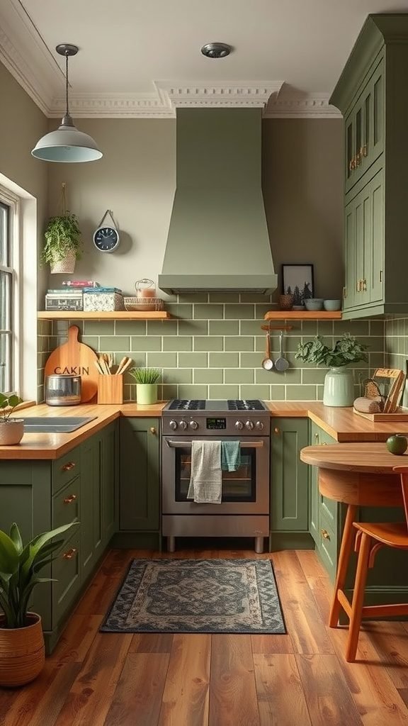 35 Stunning Olive Green Kitchen Ideas for a Stylish Makeover A cozy olive green kitchen with wooden accents and plants, featuring a stove and a small dining table.