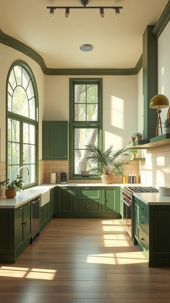 35 Stunning Olive Green Kitchen Ideas for a Stylish Makeover Bright olive green kitchen with natural light and plants