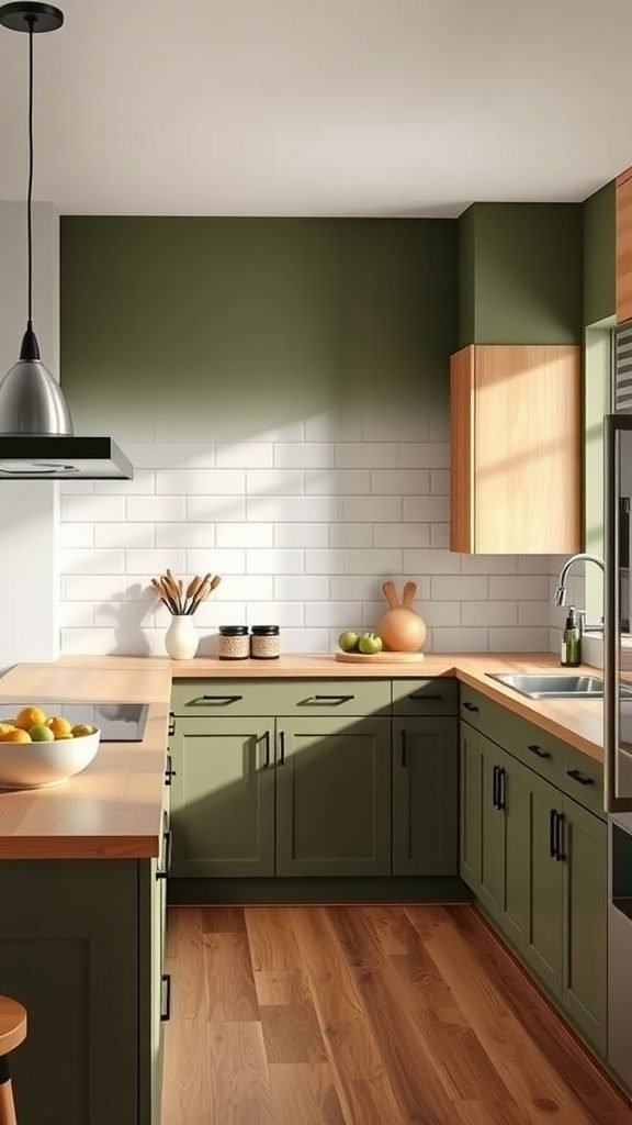 35 Stunning Olive Green Kitchen Ideas for a Stylish Makeover A stylish olive green kitchen featuring natural wood elements and modern appliances