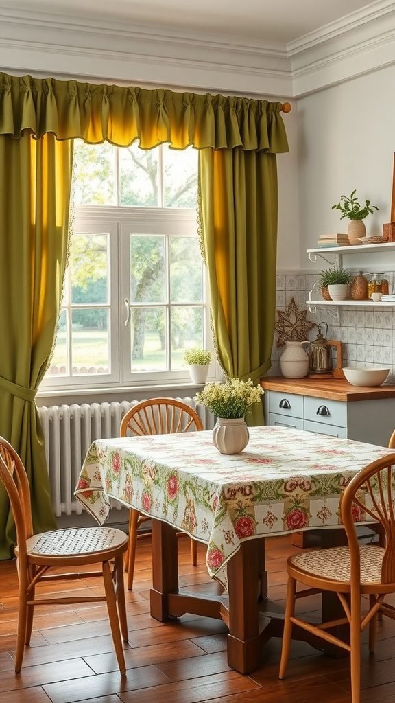 35 Stunning Olive Green Kitchen Ideas for a Stylish Makeover A cozy olive green kitchen with patterned curtains and a floral tablecloth, featuring wooden chairs and a warm ambiance.