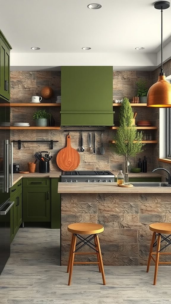 35 Stunning Olive Green Kitchen Ideas for a Stylish Makeover A cozy olive green kitchen with textured stone elements and warm wooden accents.
