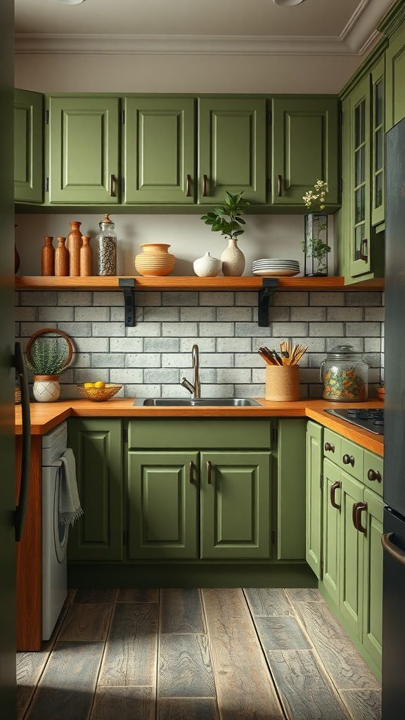 35 Stunning Olive Green Kitchen Ideas for a Stylish Makeover A cozy kitchen featuring olive green cabinets, wooden countertops, and decorative elements.