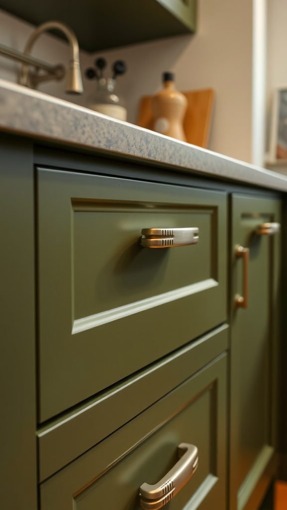 35 Stunning Olive Green Kitchen Ideas for a Stylish Makeover Close-up of olive green kitchen drawer pulls and hardware