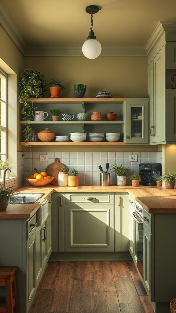 35 Stunning Olive Green Kitchen Ideas for a Stylish Makeover A cozy olive green kitchen with wooden countertops, plants, and colorful dishes.