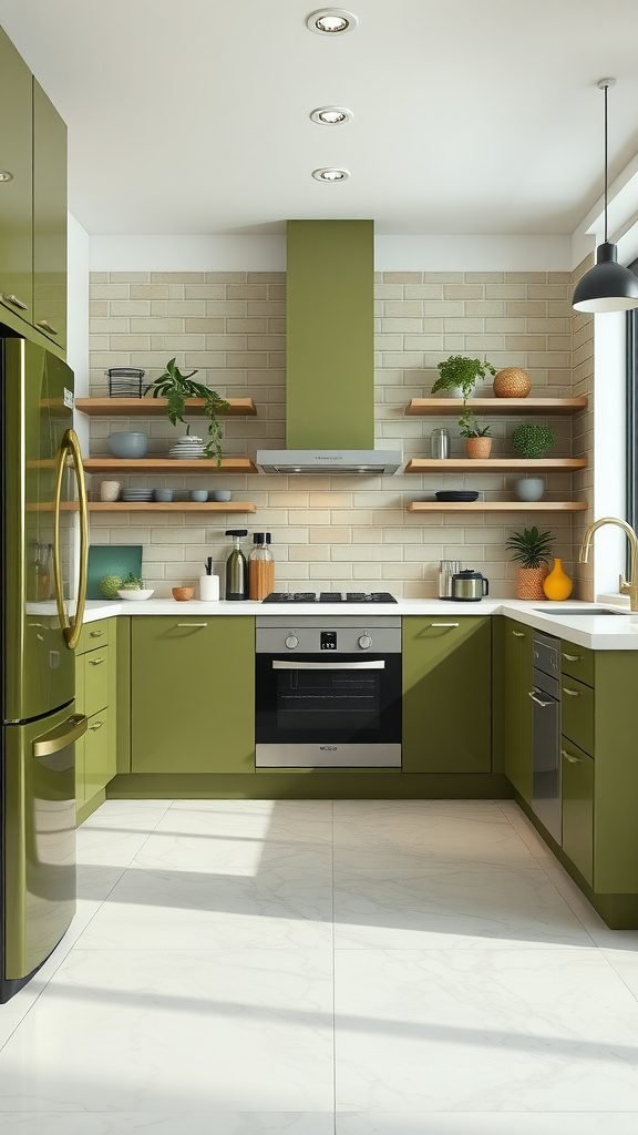 35 Stunning Olive Green Kitchen Ideas for a Stylish Makeover Modern kitchen featuring olive green cabinets, white countertops, and open shelving with plants.