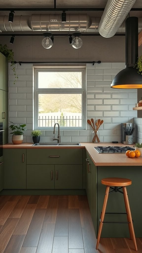 35 Stunning Olive Green Kitchen Ideas for a Stylish Makeover A modern olive green kitchen with wooden accents, featuring a sink, stove, and plants.