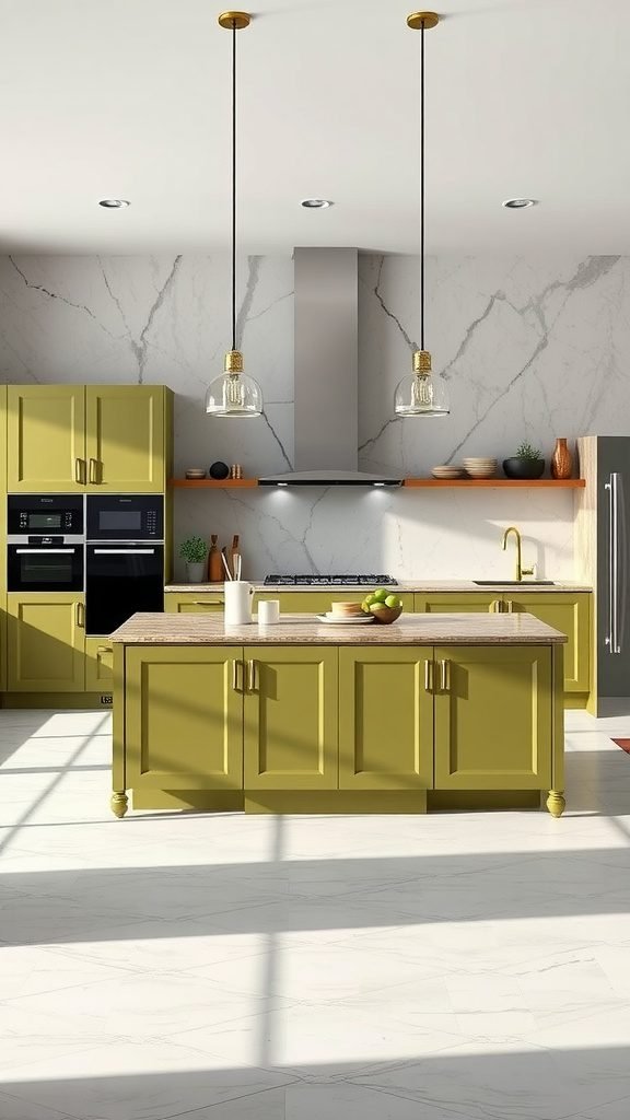 35 Stunning Olive Green Kitchen Ideas for a Stylish Makeover An olive green kitchen featuring a central island with gold accents and a bright, airy layout.