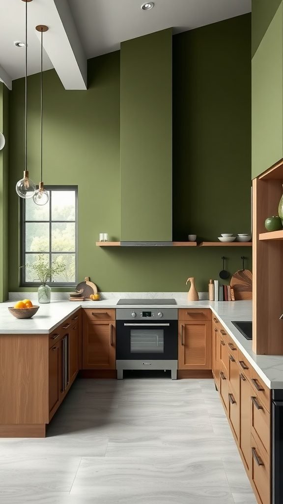 35 Stunning Olive Green Kitchen Ideas for a Stylish Makeover Modern kitchen with olive green walls and wooden cabinets
